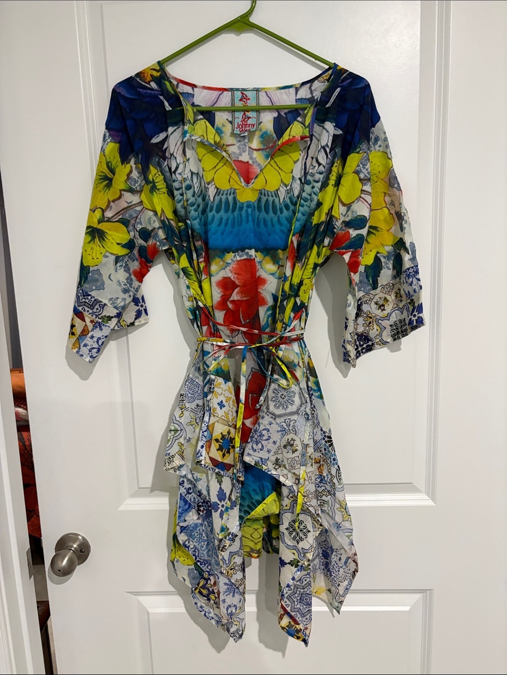 Johnny Was Multicolor Floral Handkerchief-Hem Dress - Blue/Yellow/Red